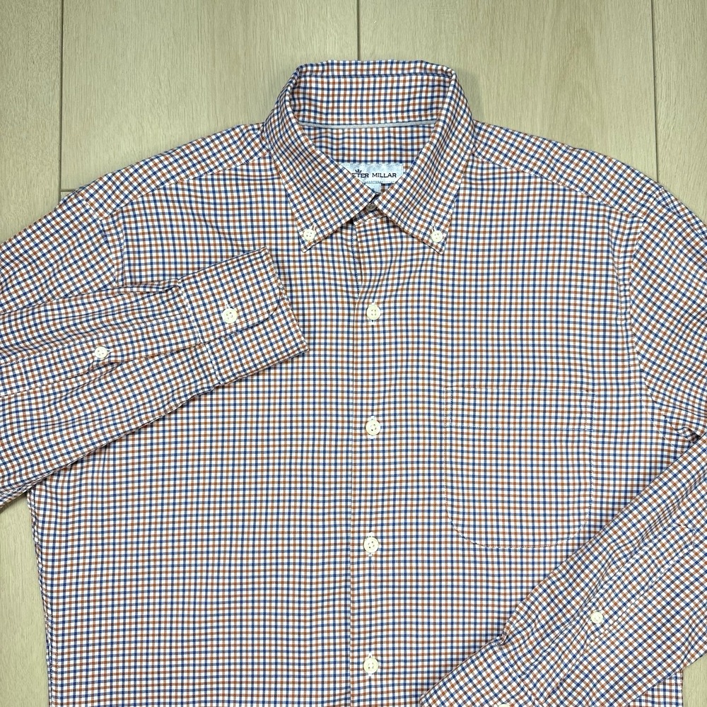 Peter Millar Orange Blue Check Stretch Button Down Shirt Men's Small Casual Golf